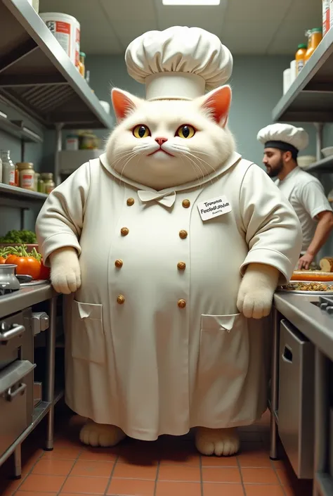  Create an image of a giant fat white cook cat, who works at school   