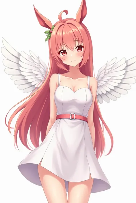 Warm pink long hair ,  A flat wing-shaped hairpin is on both ears, White dress ,  A pair of small wings behind her back ,  A woman wearing a pink belt on her left thigh, 2.5d animation illustration , Card-shaped illustration 