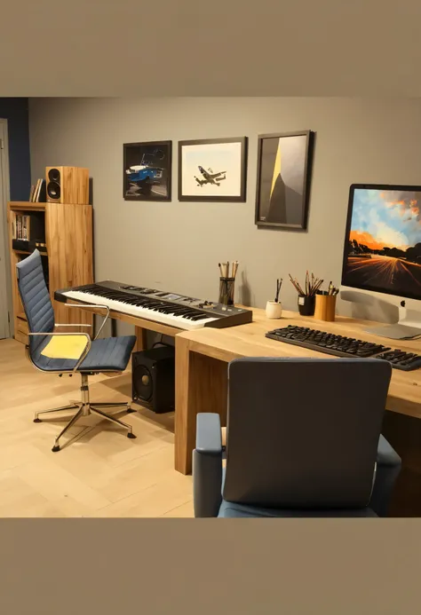 photography, realism, single lamp, (masterpiece, best quality:1.2), (8k, hd), work room, music studio, computer, blue office chair, black soundproof wall, grey solid wall, wooden door, wooden desk, monitor, keyboard, iphone, ceramic mug with stripes, midi ...