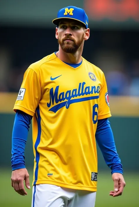 Messi wearing the uniform of the Venezuelan professional baseball team  " Magallanes "  The uniform shirt must be yellow with electric blue sleeves. The word " Magallanes "  in electric blue color .  uniform pants must be white . The hat ,  electric blue w...