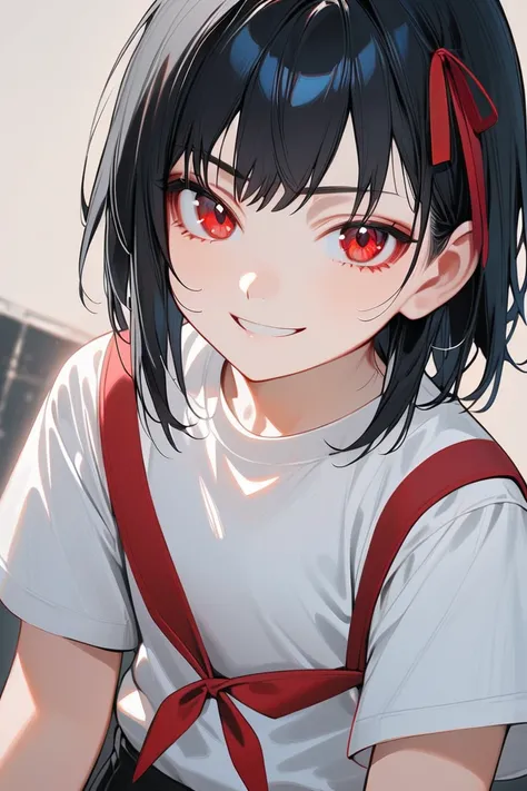 Young girl, black hair, red eyes, smirk, tomboyish, flat chest, white shirt, red ribbon.