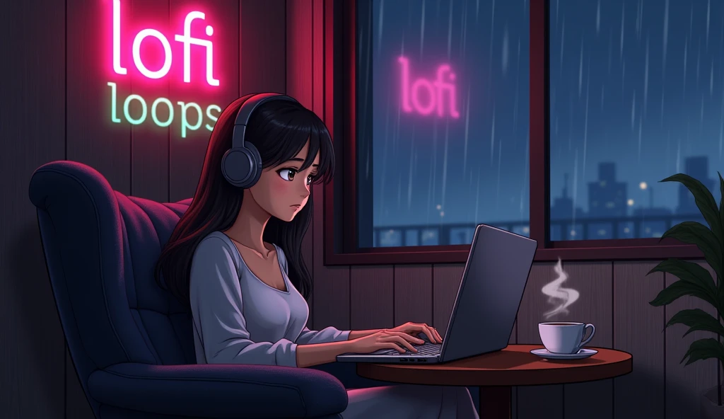  In the style of the Japanese anime of the 1980s ,  a nostalgic scene featuring a 20-year-old woman sitting in a chair , using headphones while working on a laptop and listening to jazz music .  The room is cozy  , with a window showing a calm RAINY night ...