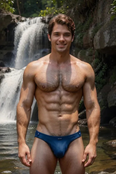 realistic photo of a caucasian white man, 19 years old, brown hair perfect and handome man, in a waterfall, with crystal clear waters, dew sun, beautiful and skinny body, sunhine, tall, full dark blue color of male briefs boxer full dark blue color, bigges...