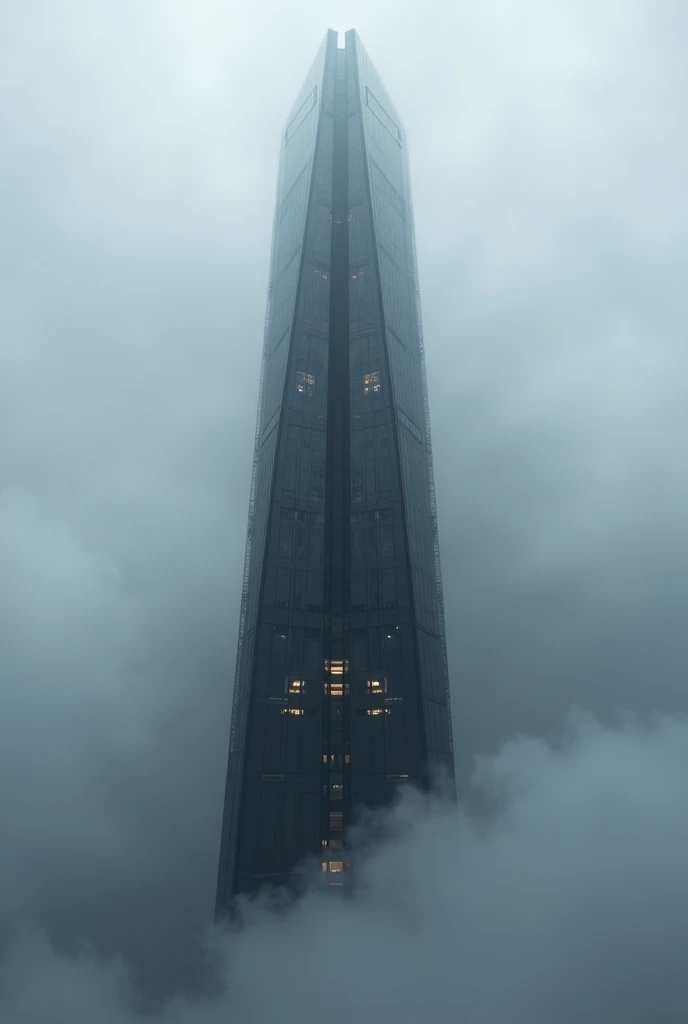 A sleek, black skyscraper piercing through dense fog, with sharp edges and glowing high-tech windows.
