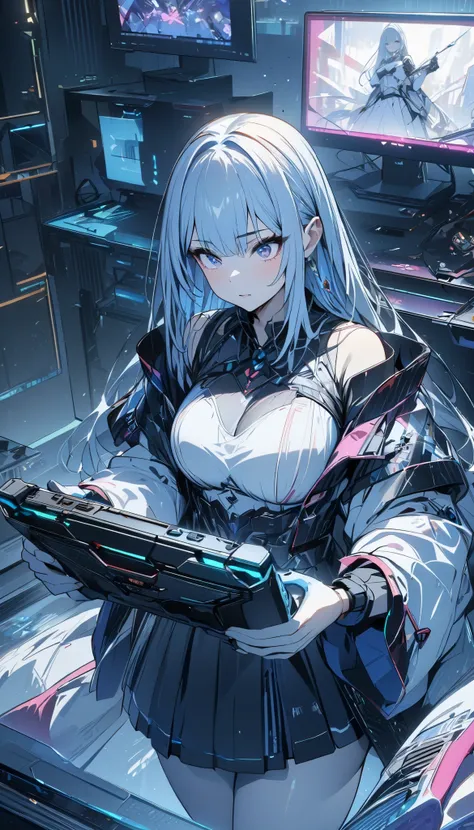 (masterpiece,  top quality  :1.2,超 high res, Detailed description 、  high detail 、correct、  high res )、 One Girl 、Gaming PC、Holding a controller、 playing games in the room