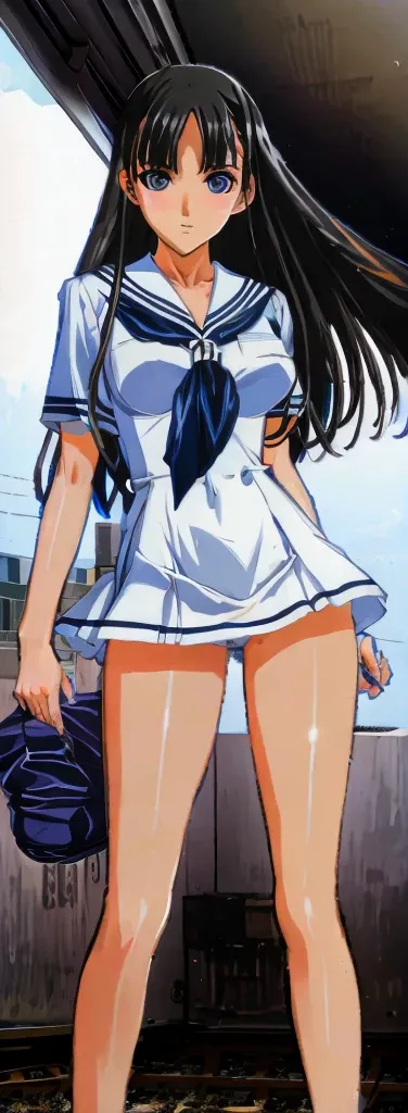 Mizushima Morning with big breasts and beautiful legs is standing on the train in a miniskirt uniform。