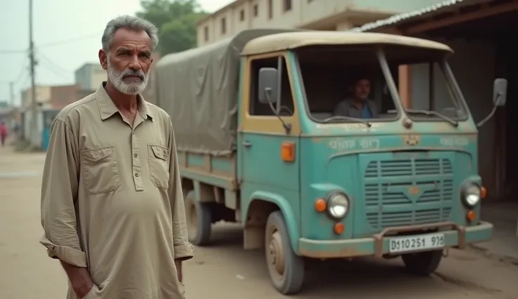 Ek sada sa Pakistani driver simple si gadi ke sath khada hai