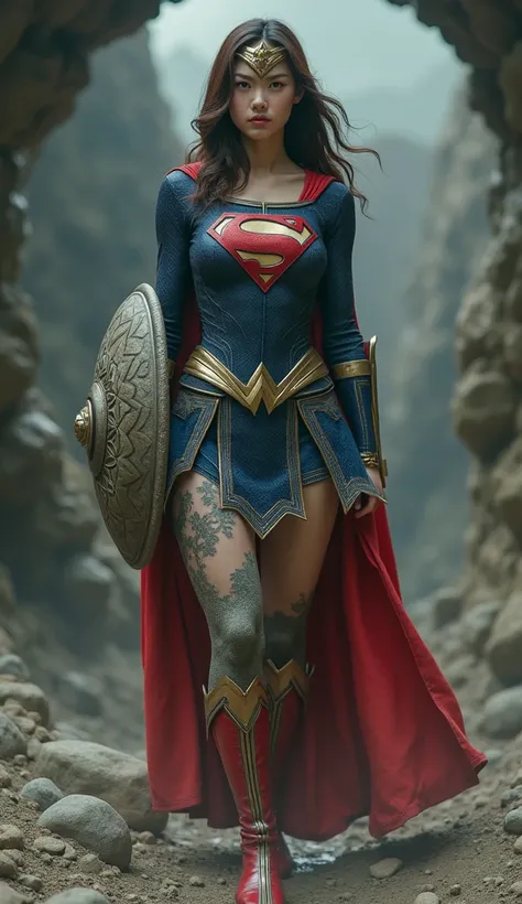  Japans Supergirl and Wonder Woman cursed by Medusa、 Wonder Woman and Supergirls lower body have been petrified  
((( Supergirl and Wonder Woman parts of Supergirl and Wonder Woman have turned to stone 、her outfit is also turned to stone :1.8)))
((( live-a...