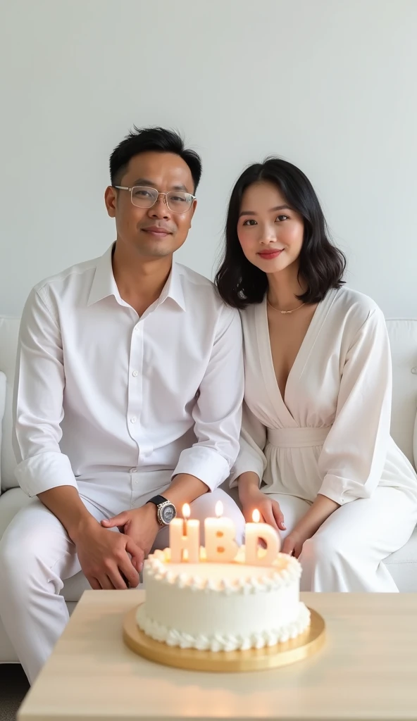 A scene featuring an Indonesian man, aged 34, with short hair, wearing a white shirt and white pants, transparent prescription glasses, looking directly at the camera in a front view. Beside him is a Chinese woman, aged 25, with shoulder-length hair, fair ...