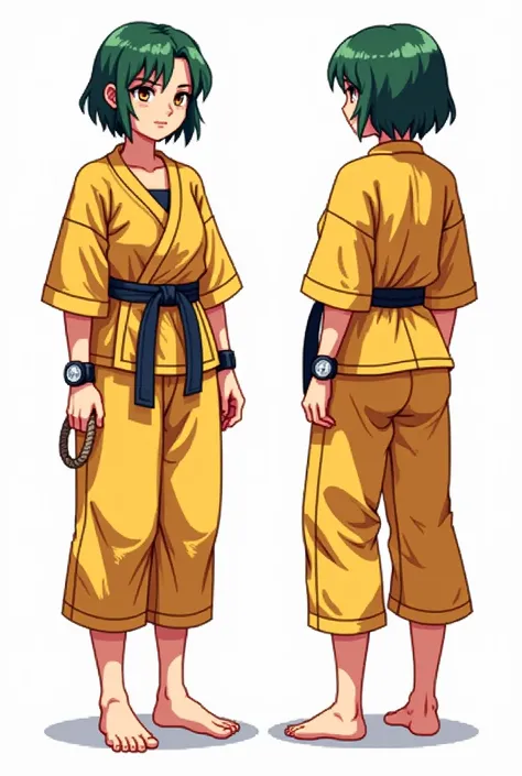 20 years old • Female • Short green hair • A scar over her left eye. Clothing style consists of an old, torn yellow karate gi, a rope tied around her waist in place of a sash. Barefoot. • Brown eyes • Watch on her wrist • Fair skin tone • Fighter • Confide...