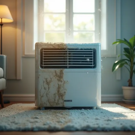 I need an image with a background where an air conditioner is being cleaned and one part looks dirty and the other part is clean