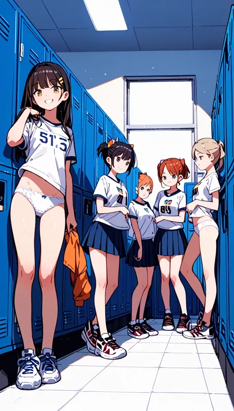 (masterpiece:1.2,  top quality ), ( very detailed:1.3),  school locker room ,  multiple girls,  5 girls, , , change,  long legs , ( white panties), White T-shirt, Pose for the camera, smile,  sneakers, ( changing clothes), chat, talking,  bright , warm