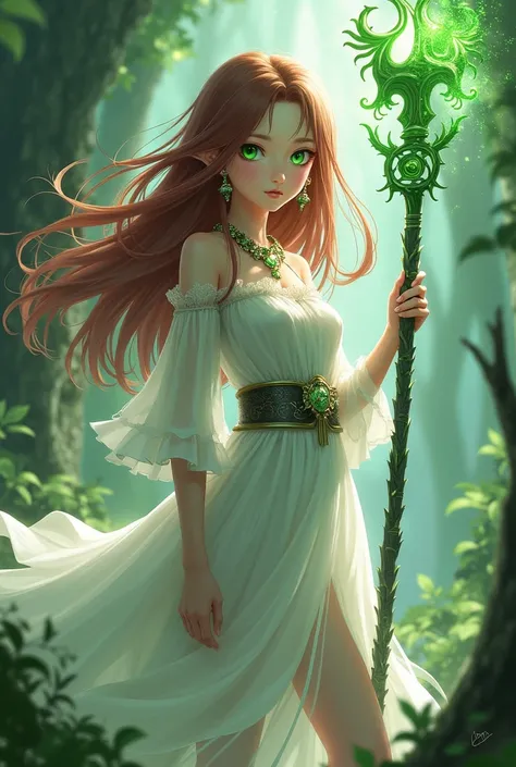 Hafelf/teen/Female/mahogany hair/green eyes/white dress/warlock/green iron staff/Anime