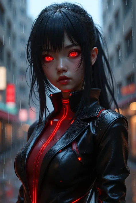  1 Japanese Girl , Warframe,  Game Idol Research Institute , heavy metal, Energy lines,  completely unrecognizable ,  glowing eyes , Elegant, Intense, blood red and black uniform,  unique , modern, City, street, dark clouds, , heavy rain,,   dramatic light...