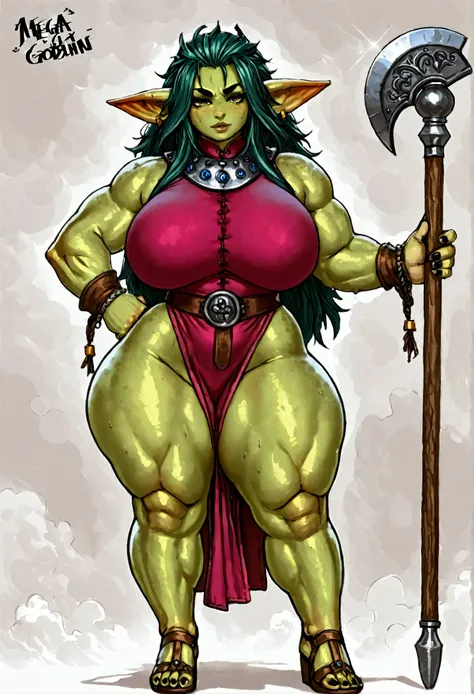 (High Quality) (Masterpiece) Full-length image,  - Bigger goblin girl, green skin, thick hair, fat body, curvy body, huge round breasts, mega huge round breast, big hips, curvy hips, thick thighs, muscular legs! muscles on the legs, dressed as a viking war...