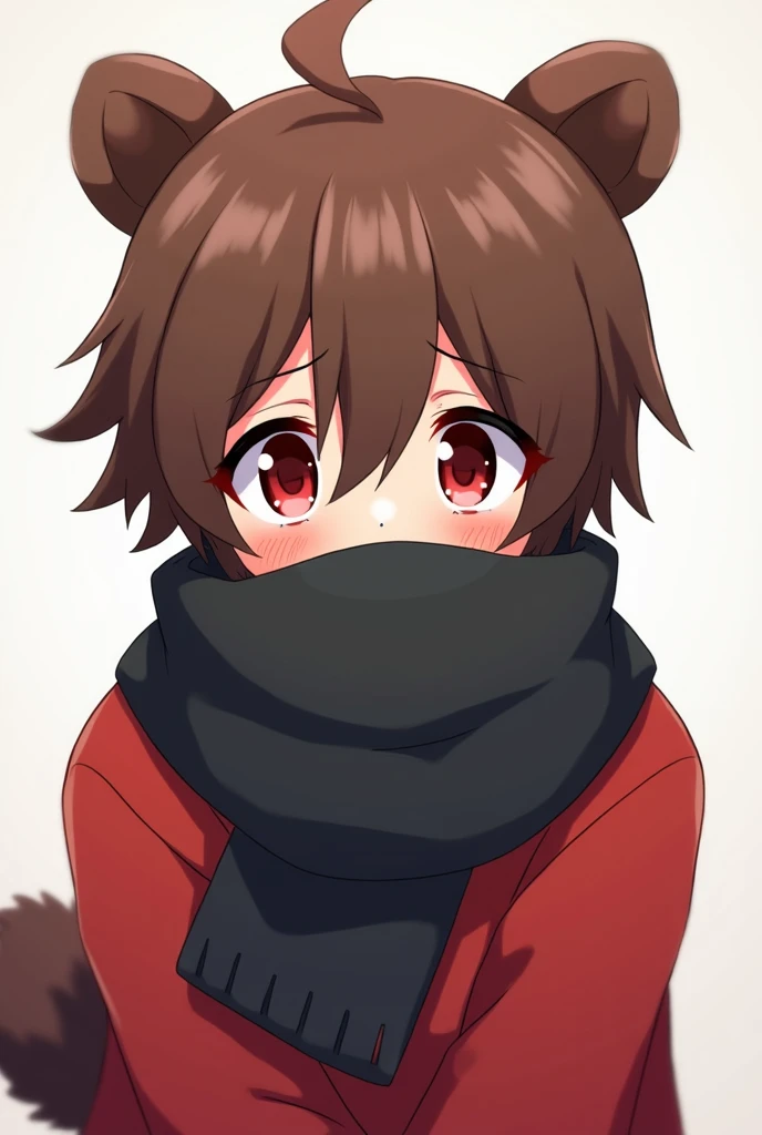 a 14-year-old boy named Tomoki , He has brown hair, dark red eyes,  a small scar on his left eye ,  fair skin and bear features such as bear ears and a bear tail.  He wears a red sweatshirt and a black scarf that covers his mouth . Anime drawing style and ...