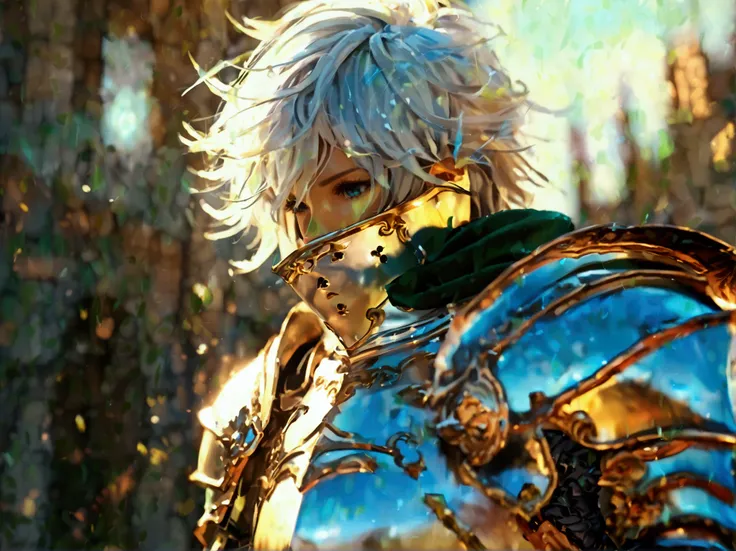 A knight in white and emerald colored armor
With gold inserts, it stands on a fracture in chains 
There is a crack on the helmet 
With Sprite characters two-handed sword,  Film lighting effects ,  ray tracing,  divine rays ,  3D rendering , 8K rendering, 