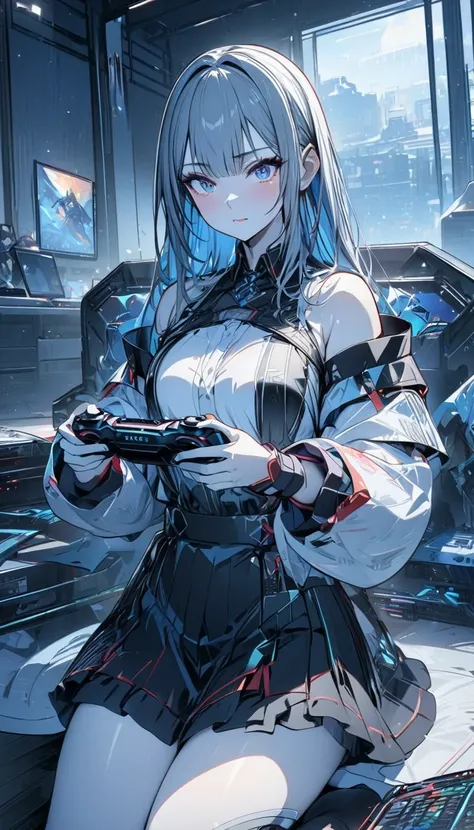 (masterpiece,  top quality  :1.2,超 high res, Detailed description 、  high detail 、correct、  high res )、 One Girl 、 wariza、Gaming PC、Holding a controller、 playing games in the room