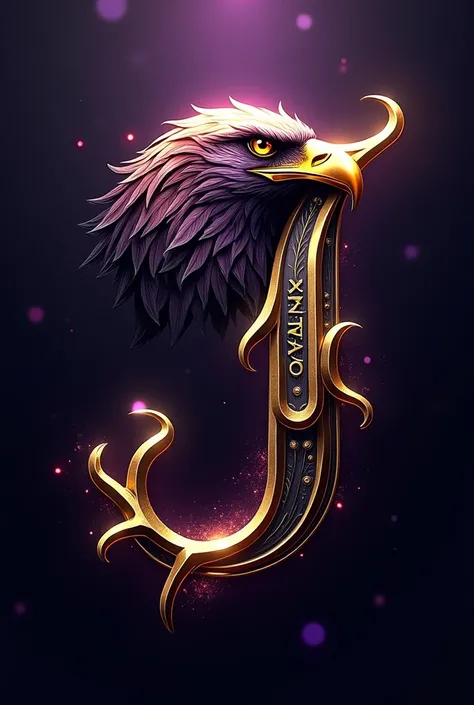 Create a logo,  the letter Jostin in a very beautiful writing and with details with glyphs in black gold with golden details and eagle claws,  ,  with an eagles head on the letter j ,  a claw of 3 claws in metal with gold tones and black edges ..  written ...