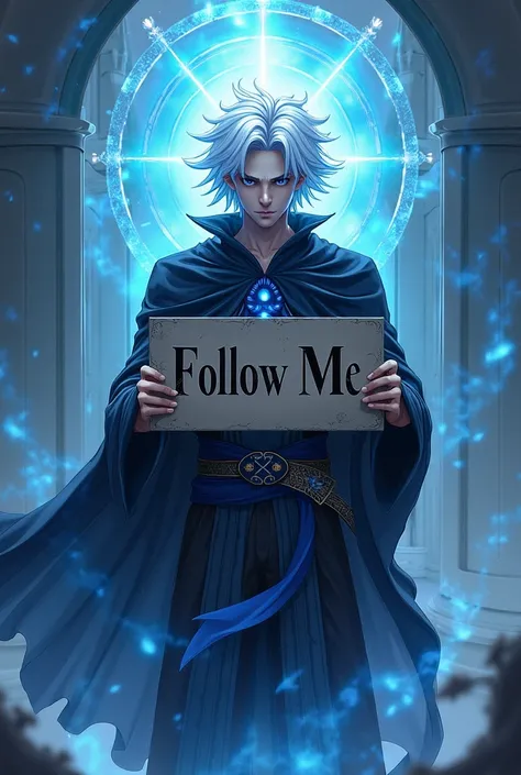 An image of Saturo Gojo with a follow me sign 