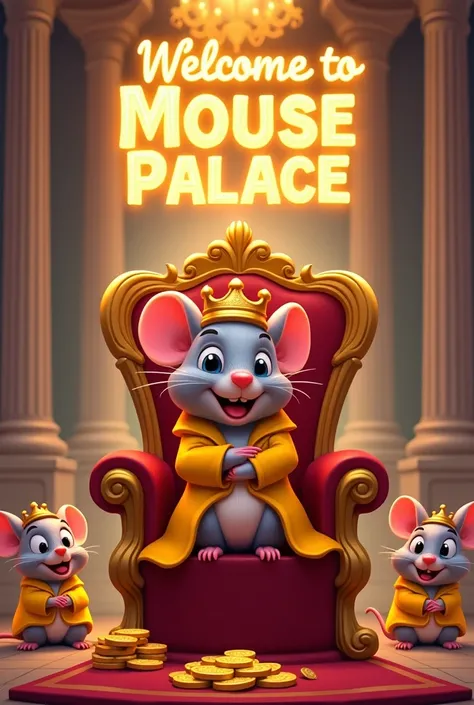 Cartoon illustration of a mouse sitting on a golden throne with a crown on its head. the mouse is wearing a yellow robe with yellow shoes and has a big smile on its face. it is sitting on the throne with its arms crossed and its head tilted slightly to the...