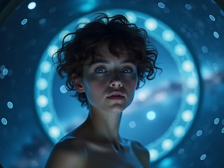 Real photo, a frontal portrait of a 16-year-old beautiful actress with curly short hair. skinny, blue eyes, naked shoulder, she stood in a fully transparent glass spaceship, with a gorgeous universe in the background, the Milky Way and floating stardust, r...