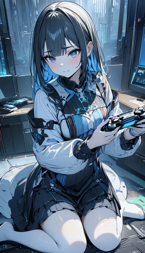 (masterpiece,  top quality  :1.2,超 high res, Detailed description 、  high detail 、correct、  high res )、 One Girl 、 wariza、Gaming PC、Holding a controller、 playing games in the room