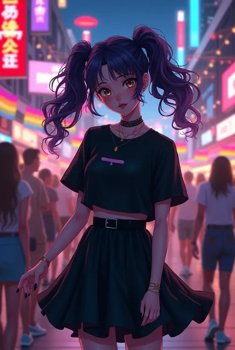  Boy with long curly hair wearing long pigtails , wearing long black skirt ,  black t-shirt , black nails, Walking in the city at night at a party with anime-style trans flags 