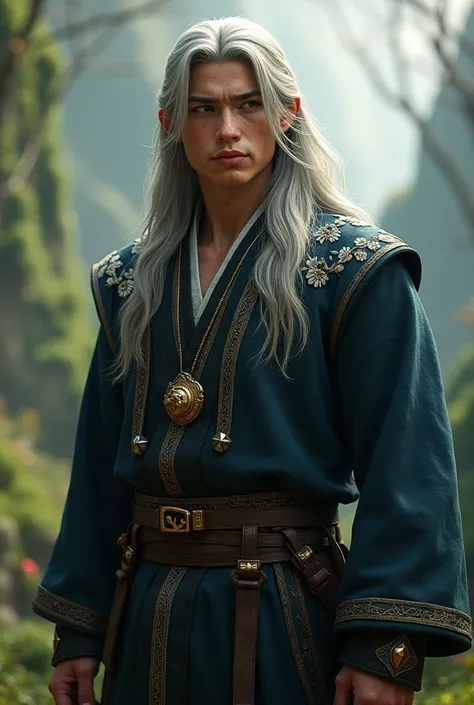 Make me a young version of Gerald of Riva from The Witcher in an Asian coat and with longer hair 