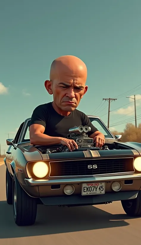  Here is the adjusted prompt :

Prompt: Dominic Toretto,  with a head disproportionately larger than his body and bald , Cartoon image ,  wearing a tight black t-shirt and dark jeans .  He is driving an old Camaro ,  with the engine coming out of the hood ...