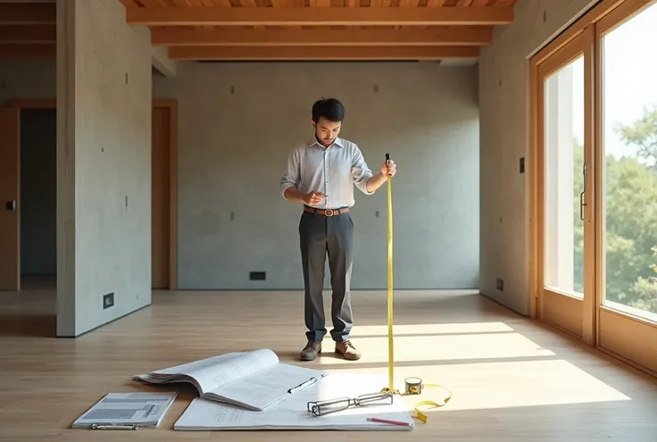 A photorealistic image of a Japanese professional interior designer measuring a renovation site. The scene shows the designer holding a tape measure, carefully taking dimensions of a space with a partially open layout. The room features a mix of materials,...