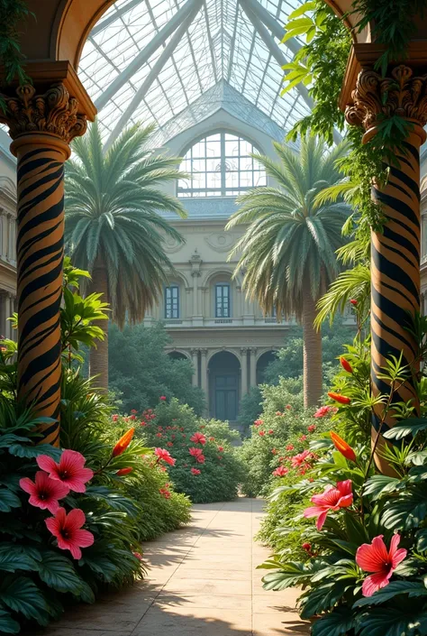 Tropical rich colours plants and flowers growing in Louvre and zebra stands 