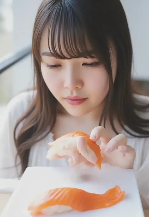  closeup shot ,   salmon sushi on a white plate ,  staring very closely at the sushi under the table、 long haired ,  Slightly high angle ,  woman looking at sushi from a little below from the front , White background, Focus on sushi , The Woman&#39; Japane...