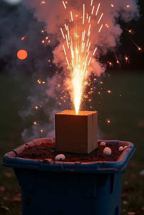 "An image of a firework battery box placed precariously on top of a plastic trash container. The firework battery is misfiring, shooting directly into the trash container instead of up into the sky. the firework battery is a squared box. bax on top of clos...