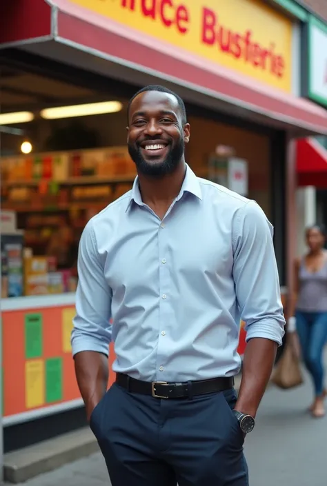 Handsome black man in front of his supermarket 