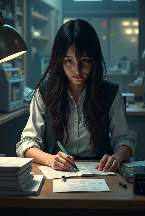 A girl with long hair, a criminal investigator, in office 