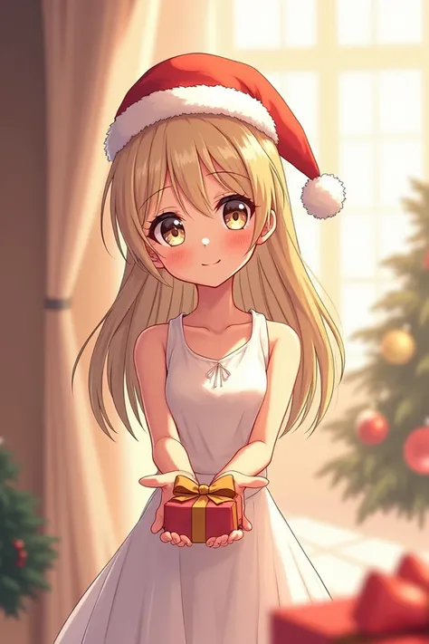  A slender girl in a dress and long hair greeting her with a Christmas hat and a gift. Sketch anime  