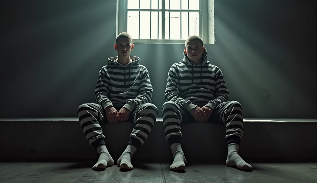 8 K,  UHD full body photo of two young convicts in a dark prison cell with dark gray raw concrete walls ,  both in dirt black and white horizontal striped prison hoodies and dirty long black and white horizontal striped prison sweatpants, Both shaved and v...