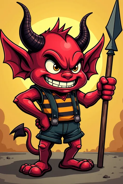 a close up of a cartoon devil holding a spear and a stick, a cartoon by Emanuel Witz, pexels, dada, cheeky devil, pitchburn devils!, pitchburn devils, full body devil man, devil stuff, high school mascot, is evil gremlin, sports team mascot, devil smile, r...