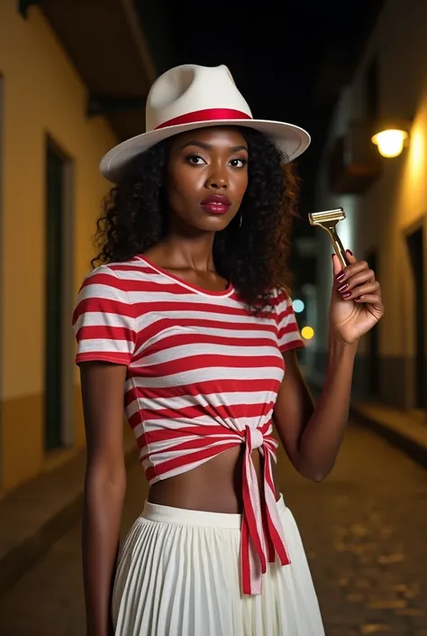  A dark-skinned black woman wearing a white fedora hat with a red band,  a striped red and white t-shirt tied in a knot at the waist ,  and a white pleated skirt .  She is holding a gold razor in her right hand .  She is posing with a serious expression on...