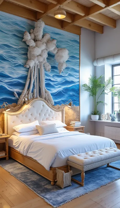 Create a luxurious coastal-themed bedroom in an extremely spacious loft setting. The room features a king-size bed with a plush, white headboard and bedding. Include a small indoor water feature, such as a mini waterfall or a small pond, to create a soothi...