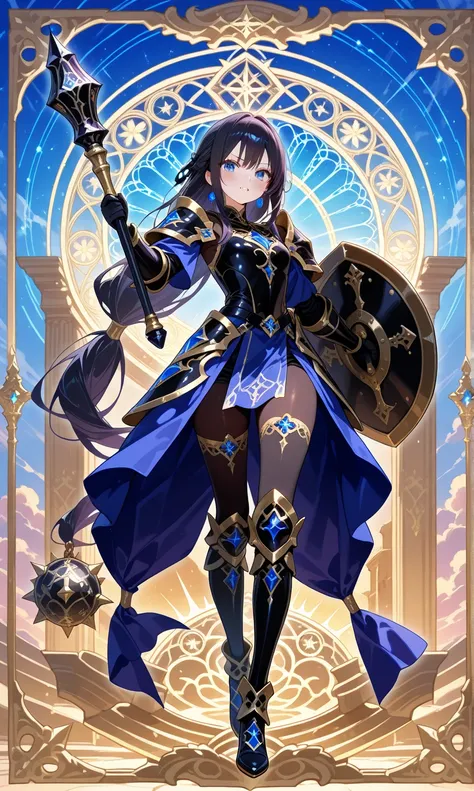 Design a layout showcase Gaming character, (1girl). A breathtakingly beautiful young slender female Paladin with long tied, flowing, black hair and intense blue eyes , wearing an ornate godly, dark purple + black + gold armor(extremely detailed:1.2) , wiel...