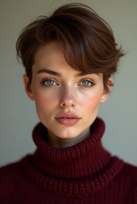 A girl, 27 years old, Europian, short hair, pixie-cut brown hair, medium skin, wearing a burgundy turtleneck