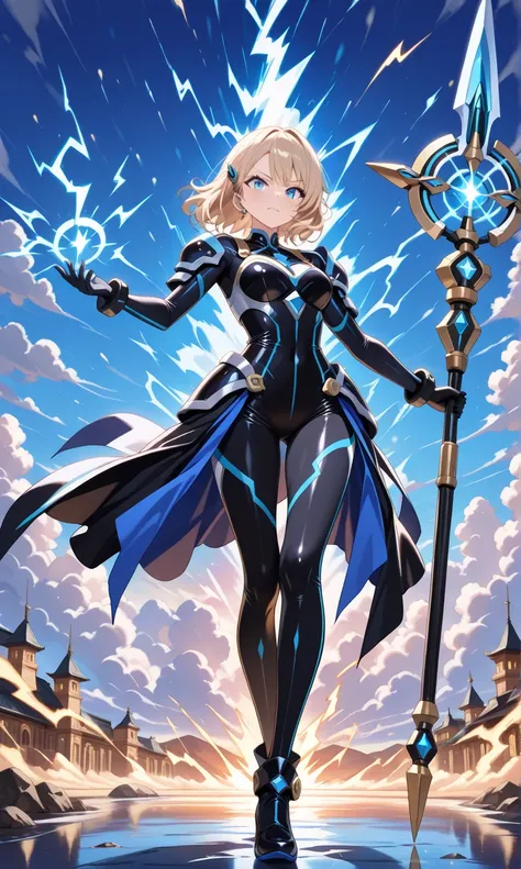 (((masterpiece, best quality 16k)))((full body shot)) of a girl in electrifying, futuristic armor with sleek gold and blue accents, standing in a stormy, electrified sky. She has short, spiky platinum blonde hair and piercing, electric blue eyes. Her skin ...