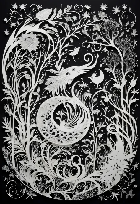 score_9, score_8_up, score_7_up, score_6_up, score_5_up, score_4_up, hires, simple and circular fantastical black-and-white paper cutout design featuring mythical creatures, enchanted forests, swirling patterns, glowing moonlight, an floral motifs,