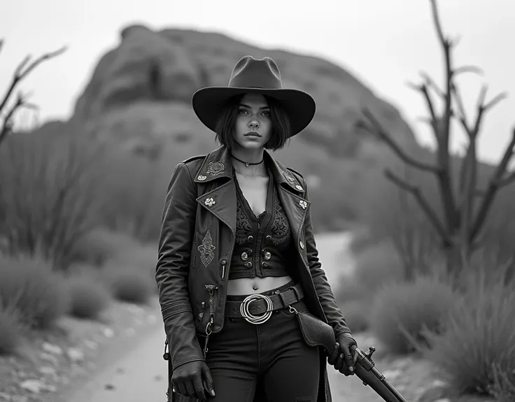 Ultra-realistic photo in Black and White of an enigmatic young female gunman with delicate yet masculine features, short hair hidden under her hat. Wearing an old rawhide cowboy jacket with intricate embroidery, rustic leather hat, holding an old double-ba...