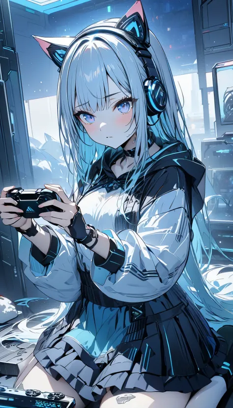 (masterpiece,  top quality  :1.2,超 high res, Detailed description 、  high detail 、correct、  high res )、 One Girl 、 wariza、Gaming PC、Holding a controller、Cat ears headset、 playing games in the room