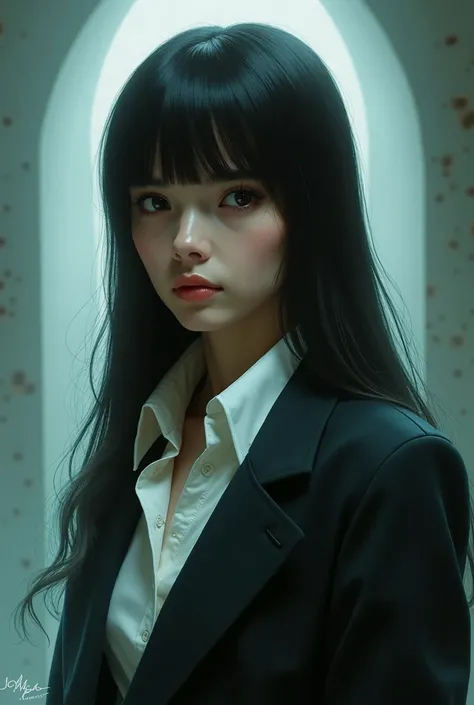  Draw an image of an adult Violet Baudelaire, with current clothes  ,  a white blouse and a jacket ,  long hair  , straight and with bangs, in the style of Paranormal Order . Make it less realistic