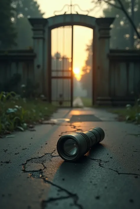  A flashlight fallen in front of the rusty sanatorium gate, with scratch marks on the floor .  The light of dawn softly illuminates the scene ,  contrasting with the creepy tone of the place .