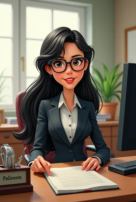 Animated secretary with long black hair and glasses